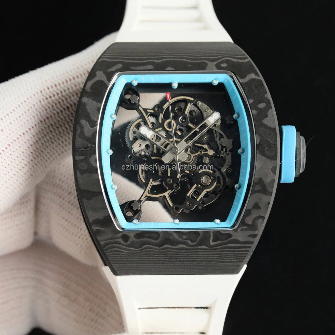 Custom-Made Men's Carbon Fiber Mechanical Watch Luxurious Waterproof Casual Design Oval Case Rubber Band (20mm Glass Pointer