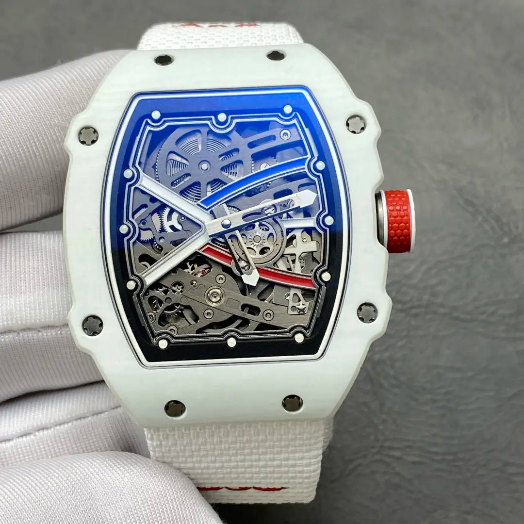 White square case Men's Watch, Blue Woven Strap, Hollow Mechanical Sports Fashion Watch