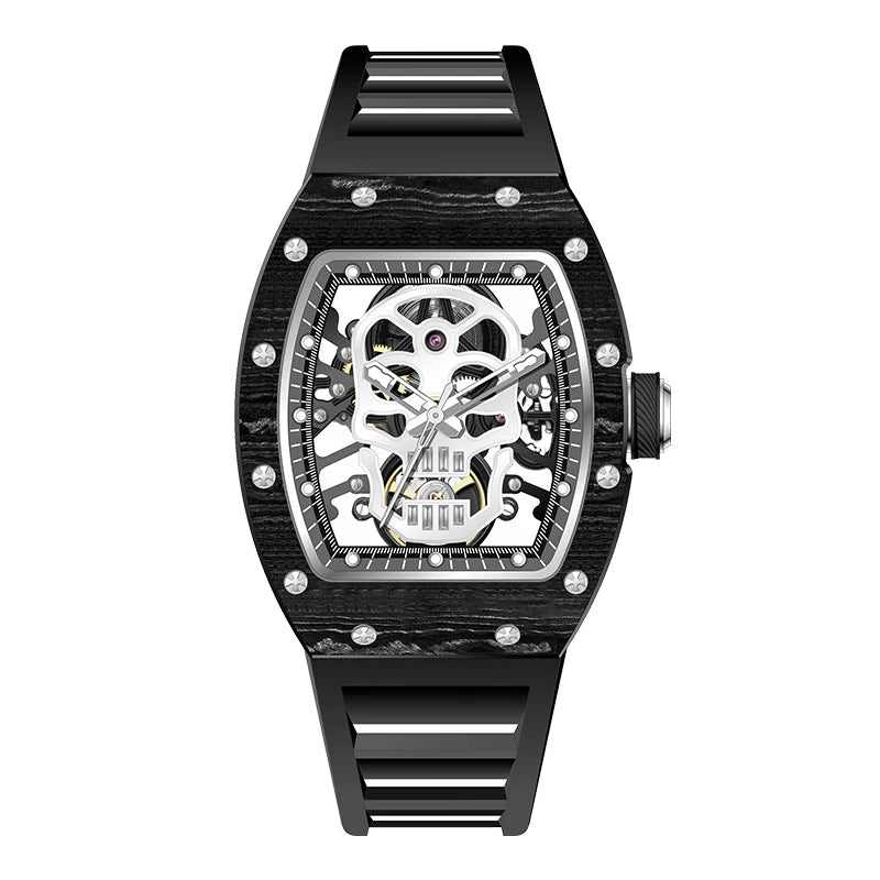 Design Automatic Skeleton Watch Mechanical Movement Waterproof Tonneau Wristwatch with Silicon Strap Sports Casual 2025