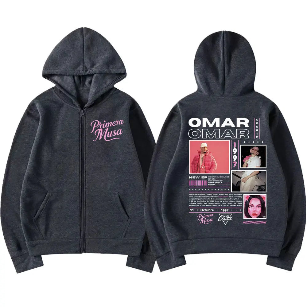 Men's zip-up hoodie in pure cotton, from Omar Courtz's Primera Musa tour, Fall/Winter 2025 collection. Sporty style.