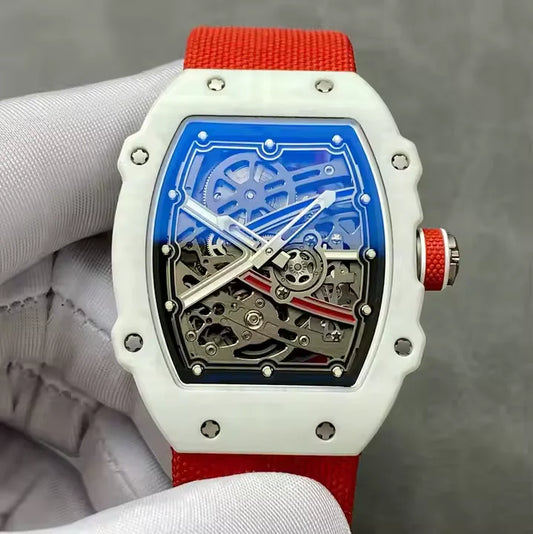 White square case Men's Watch, Blue Woven Strap, Hollow Mechanical Sports Fashion Watch