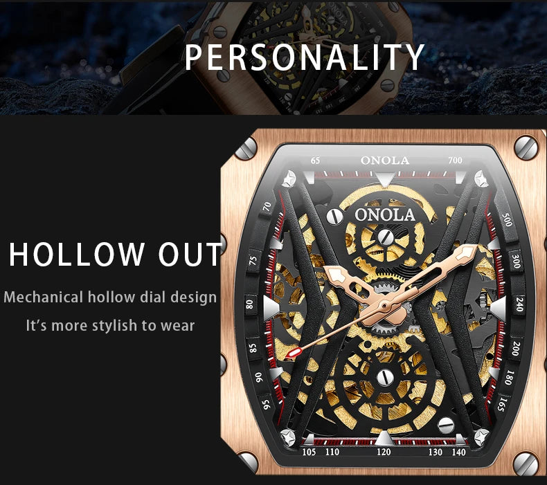 ONOLA Original Design Watch Mechanic Watches Men Top Luxury Fashion Casual Luminous Square Skeleton Clock Men Automatic Watch