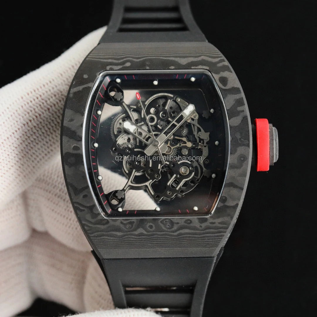 Custom-Made Men's Carbon Fiber Mechanical Watch Luxurious Waterproof Casual Design Oval Case Rubber Band (20mm Glass Pointer