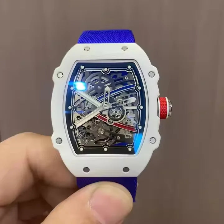 White square case Men's Watch, Blue Woven Strap, Hollow Mechanical Sports Fashion Watch