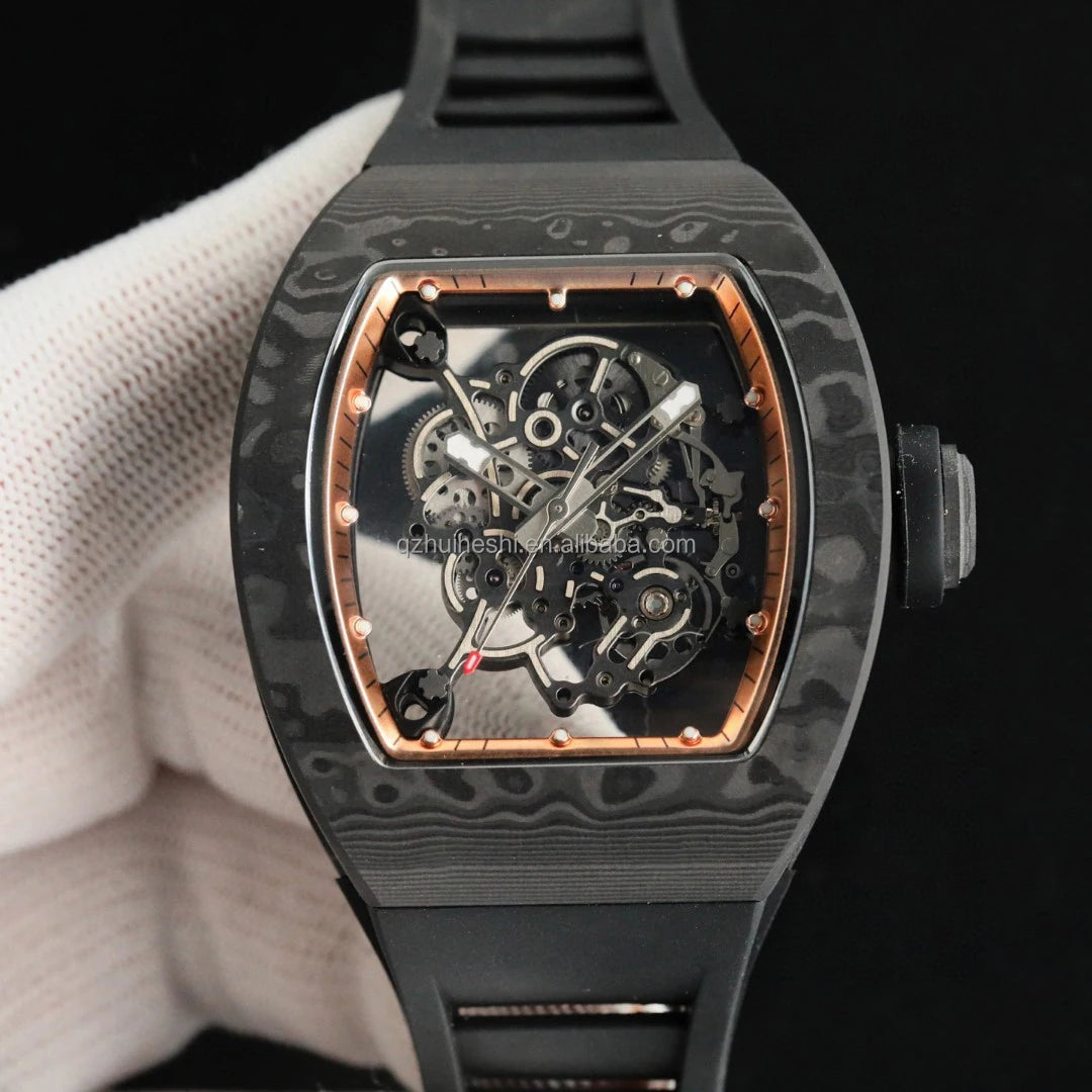 Custom-Made Men's Carbon Fiber Mechanical Watch Luxurious Waterproof Casual Design Oval Case Rubber Band (20mm Glass Pointer