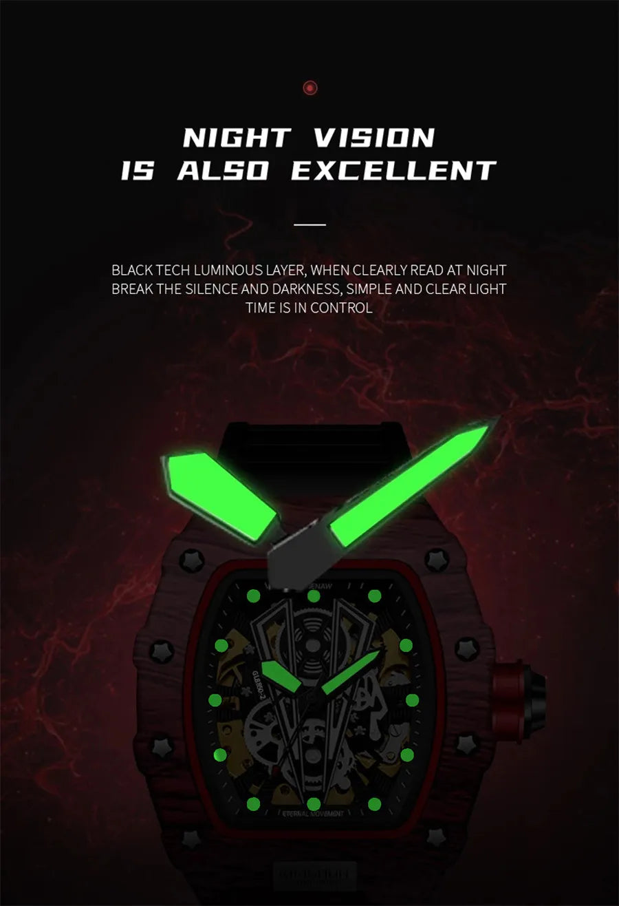 GLENAW Brand Automatic Mechanical Watch Men Casual Sport Rubber Strap Wristwatch Luminous Waterproof Mechanical Watches Relogio