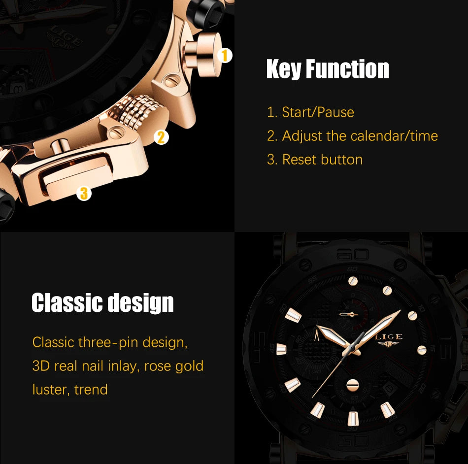 LIGE 2025 Luxury Men Watches Original Case Large Dial Watch Men Business Wristwatch Sports Watch for Men Clock Relogio Masculino