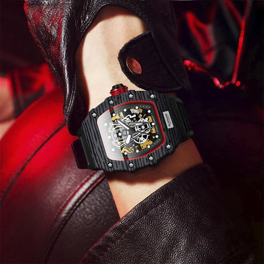 GLENAW Brand Automatic Mechanical Watch Men Casual Sport Rubber Strap Wristwatch Luminous Waterproof Mechanical Watches Relogio