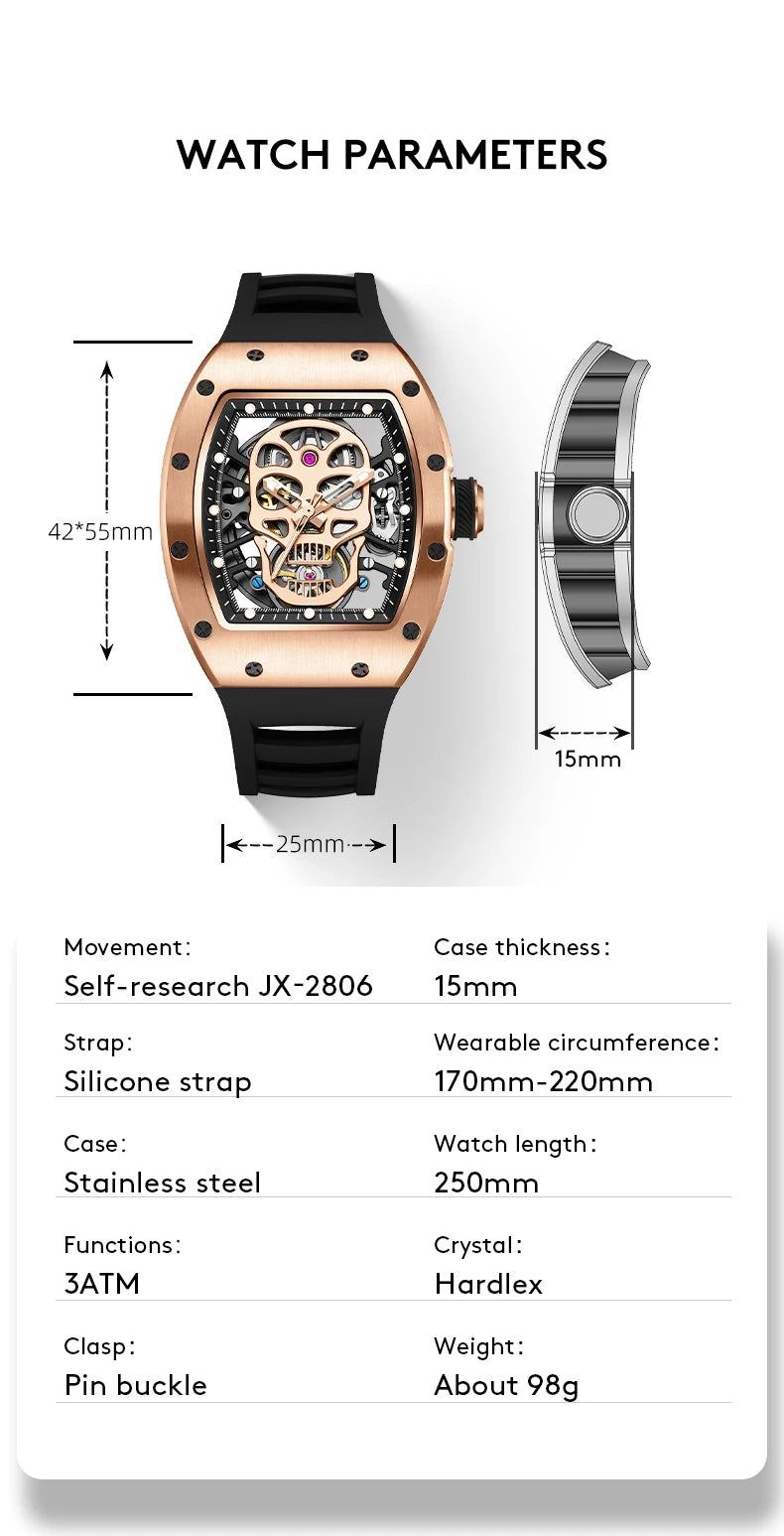 Design Automatic Skeleton Watch Mechanical Movement Waterproof Tonneau Wristwatch with Silicon Strap Sports Casual 2025