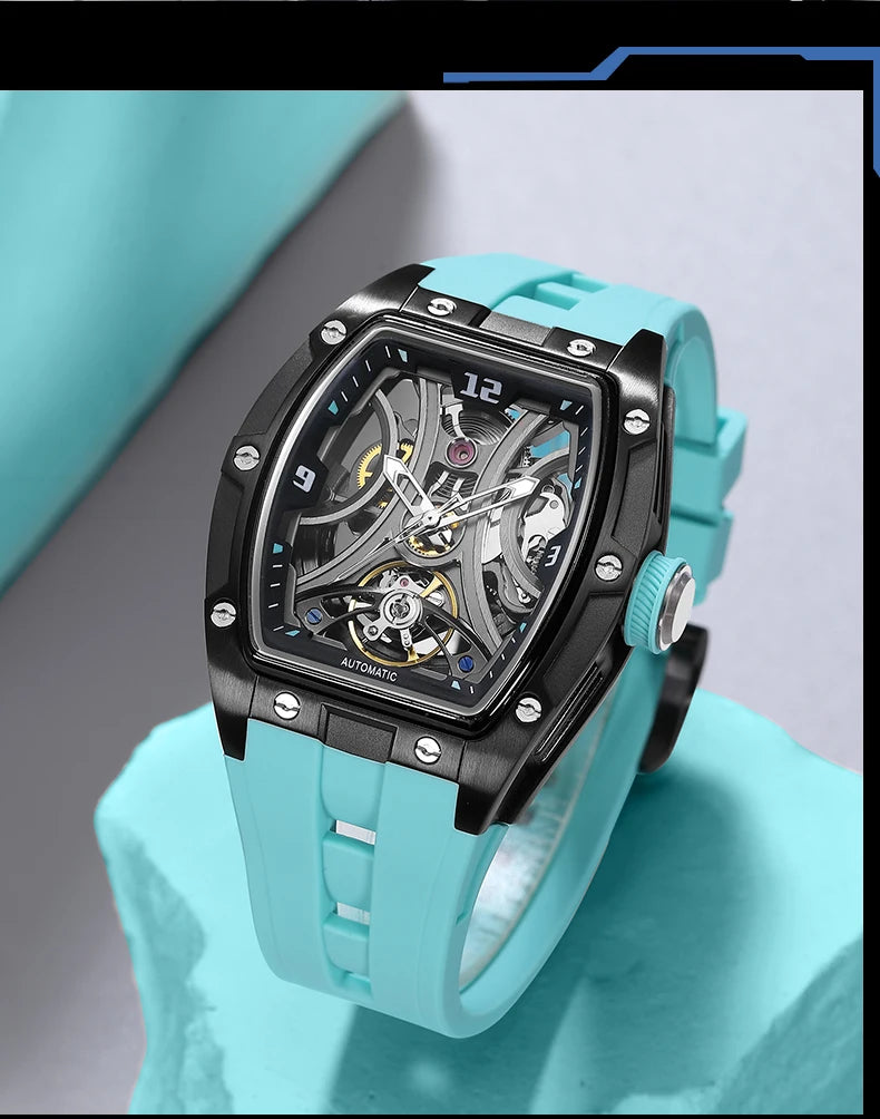 MEGIR Sports Style Automatic Mechanical Watch for Men Full Hollow Transparent Dial Design Stainless Steel Case Silicone Strap