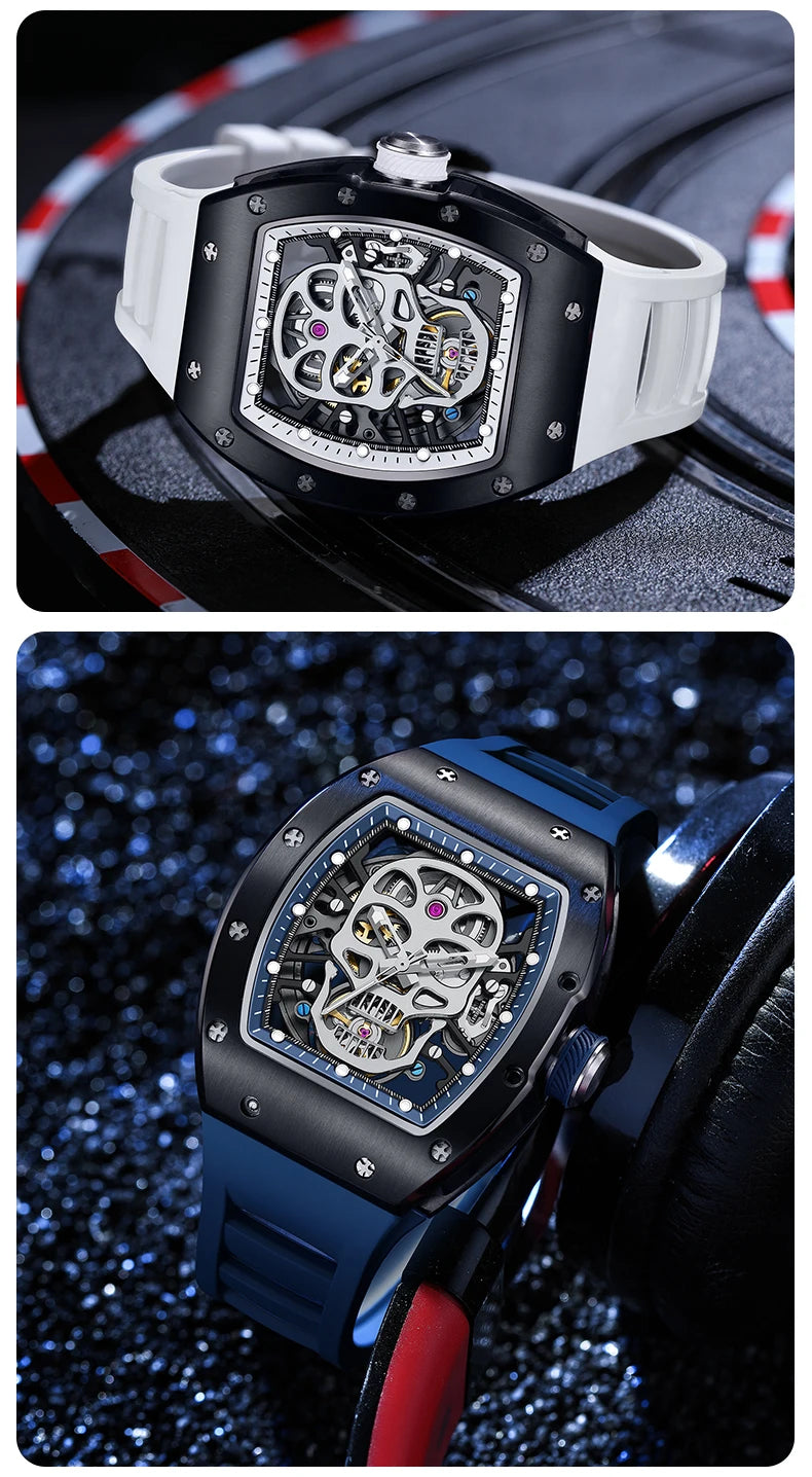 Design Automatic Skeleton Watch Mechanical Movement Waterproof Tonneau Wristwatch with Silicon Strap Sports Casual 2025