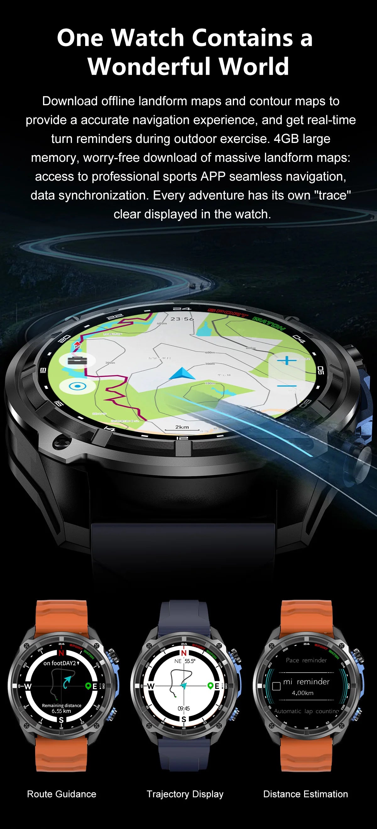 GPS Offline Map 1000mAh Battery Smart Watch Built in Swim 200+ Sports Clock 10ATM Waterproof 4GB Outdoors Military Watches
