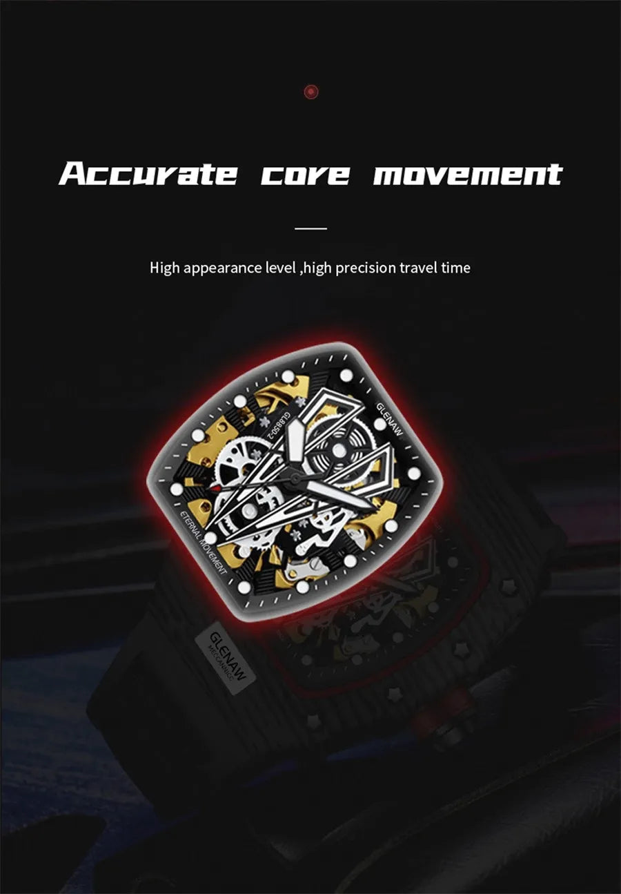 GLENAW Brand Automatic Mechanical Watch Men Casual Sport Rubber Strap Wristwatch Luminous Waterproof Mechanical Watches Relogio