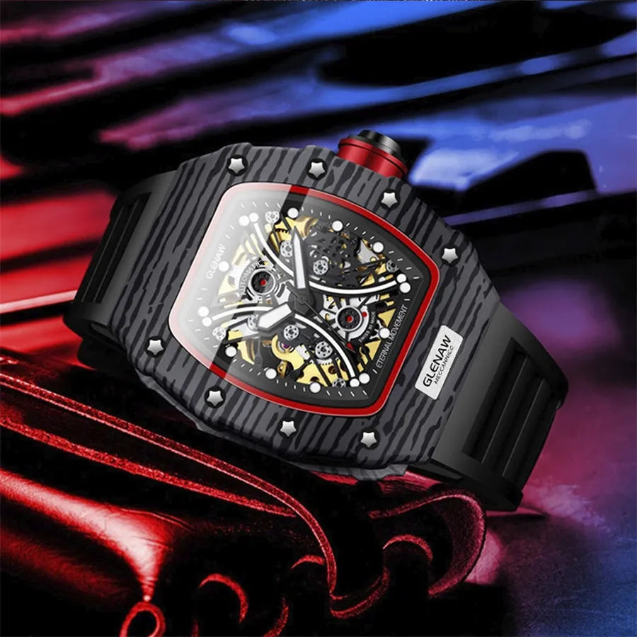 GLENAW Brand Automatic Mechanical Watch Men Casual Sport Rubber Strap Wristwatch Luminous Waterproof Mechanical Watches Relogio