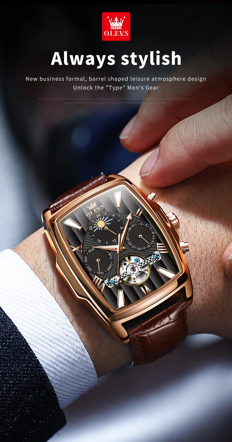 Relógios masculinos OLEVS relógio mecânico automático Tourbillon, relógio esportivo, relógio de pulso casual de negócios retrô em couro, relógios masculinos