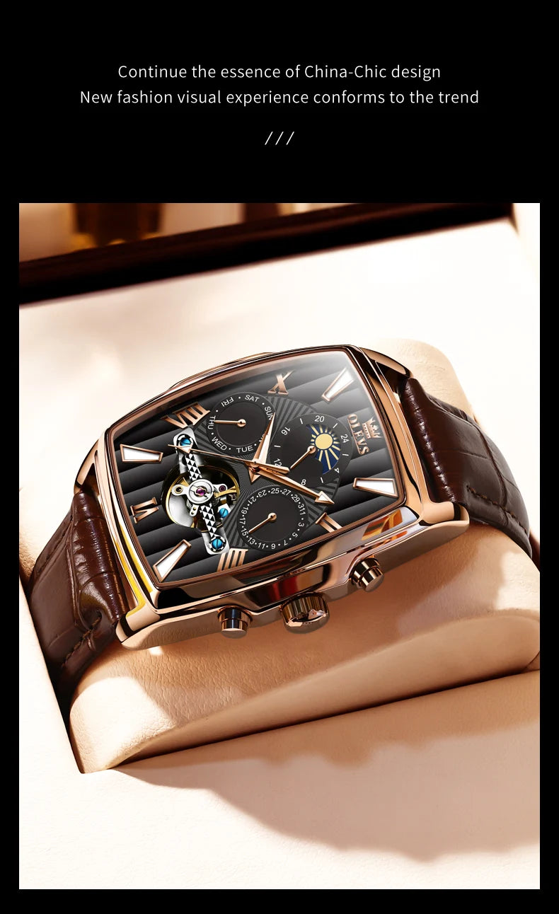 Relógios masculinos OLEVS relógio mecânico automático Tourbillon, relógio esportivo, relógio de pulso casual de negócios retrô em couro, relógios masculinos