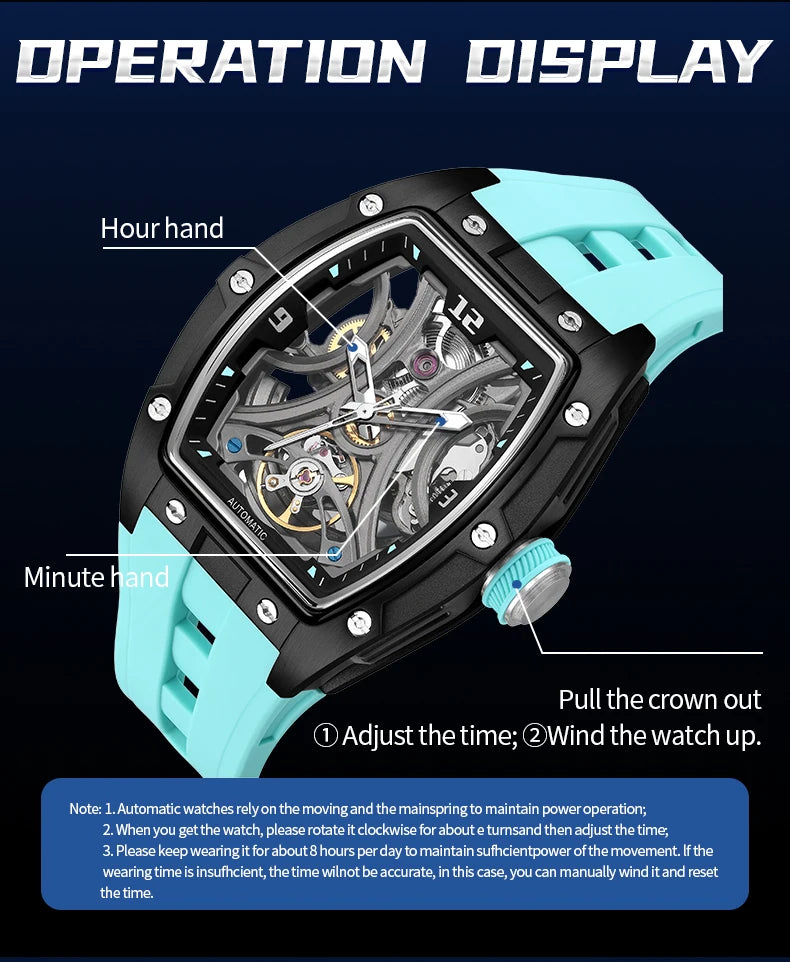 MEGIR Sports Style Automatic Mechanical Watch for Men Full Hollow Transparent Dial Design Stainless Steel Case Silicone Strap