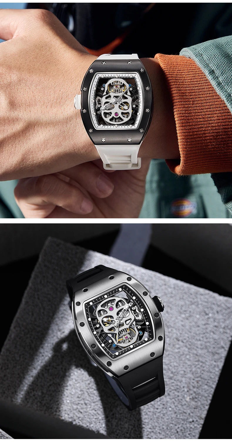 Design Automatic Skeleton Watch Mechanical Movement Waterproof Tonneau Wristwatch with Silicon Strap Sports Casual 2025