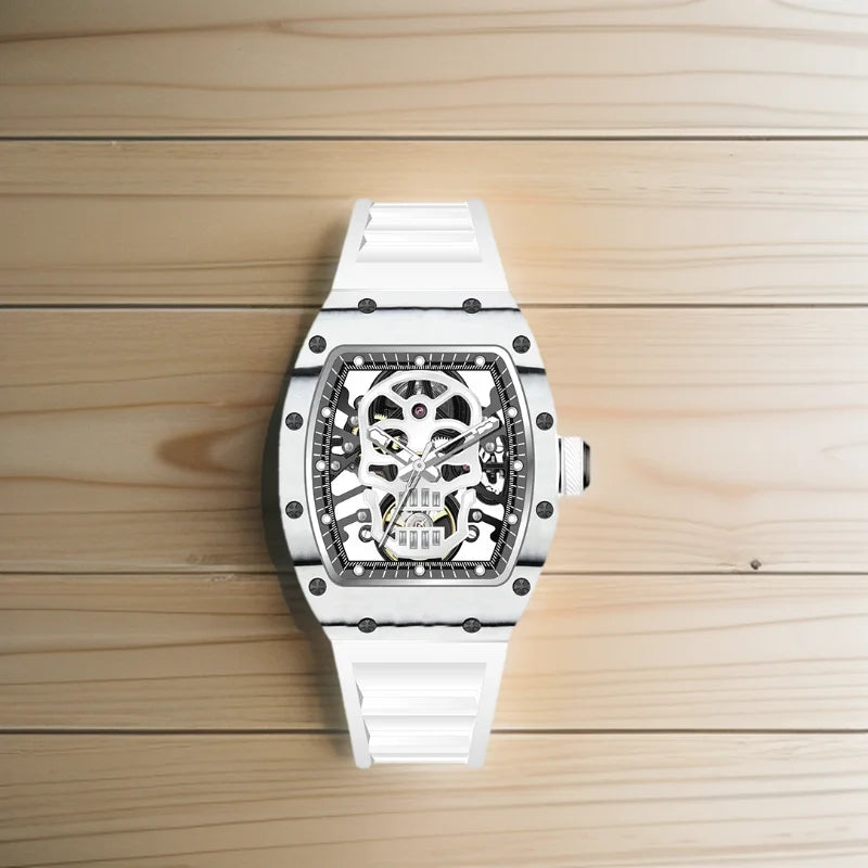 Design Automatic Skeleton Watch Mechanical Movement Waterproof Tonneau Wristwatch with Silicon Strap Sports Casual 2025