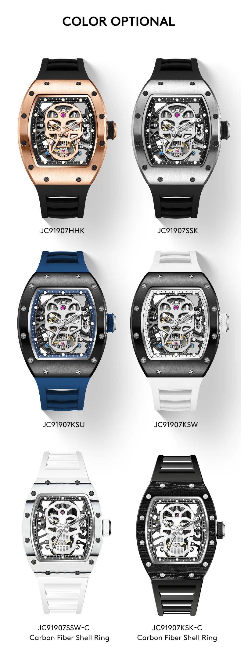 Design Automatic Skeleton Watch Mechanical Movement Waterproof Tonneau Wristwatch with Silicon Strap Sports Casual 2025