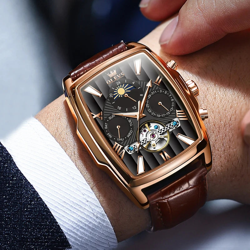 Relógios masculinos OLEVS relógio mecânico automático Tourbillon, relógio esportivo, relógio de pulso casual de negócios retrô em couro, relógios masculinos