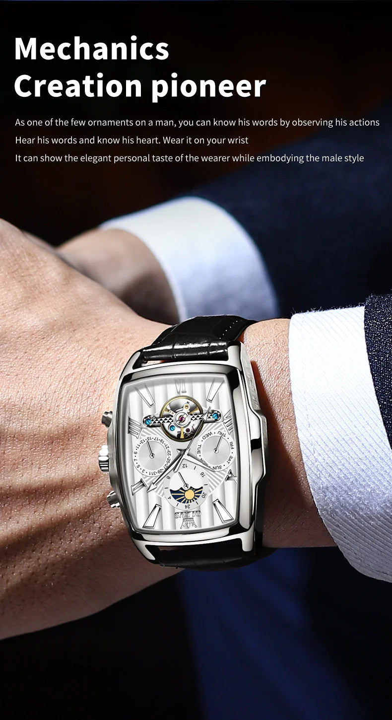 Relógios masculinos OLEVS relógio mecânico automático Tourbillon, relógio esportivo, relógio de pulso casual de negócios retrô em couro, relógios masculinos