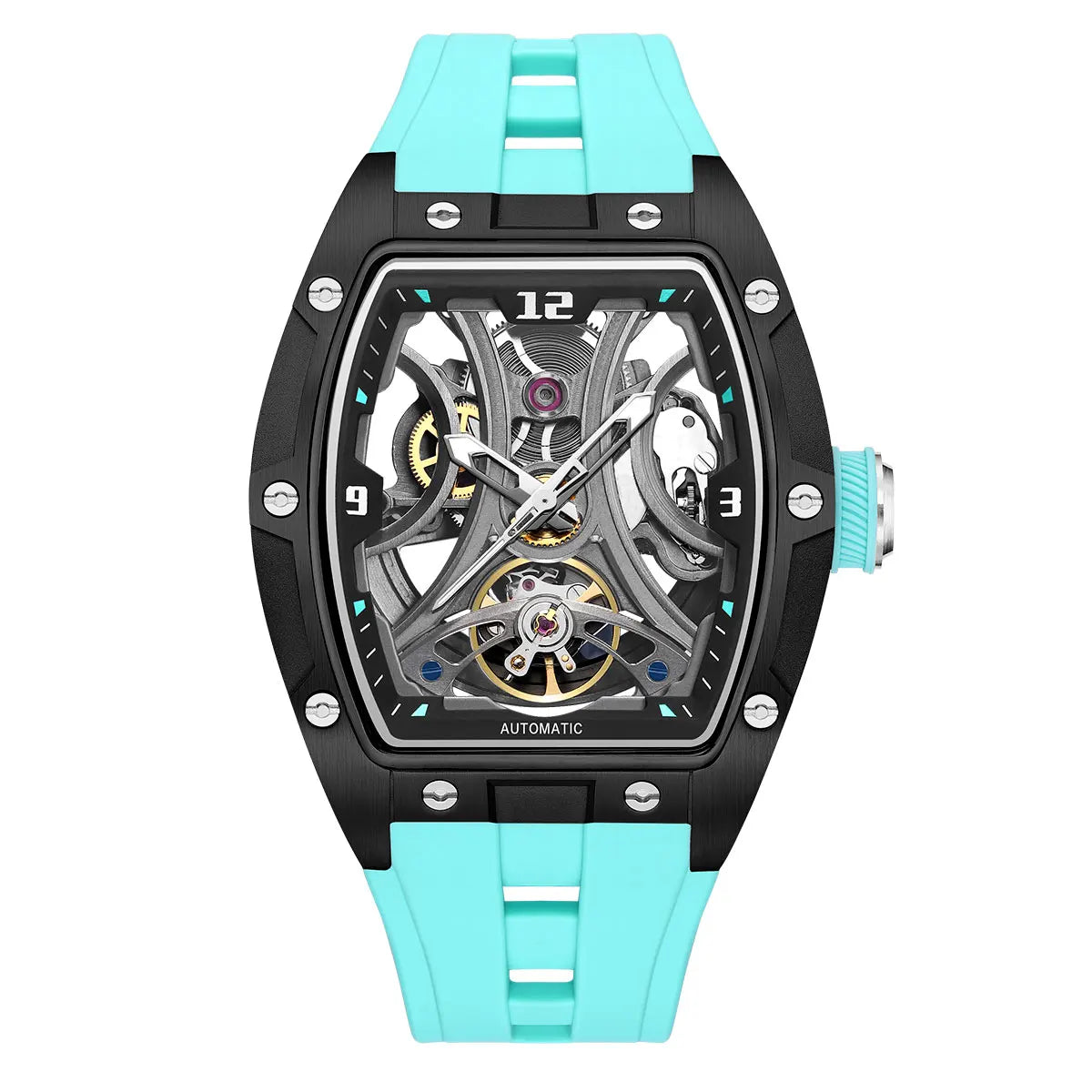 MEGIR Sports Style Automatic Mechanical Watch for Men Full Hollow Transparent Dial Design Stainless Steel Case Silicone Strap