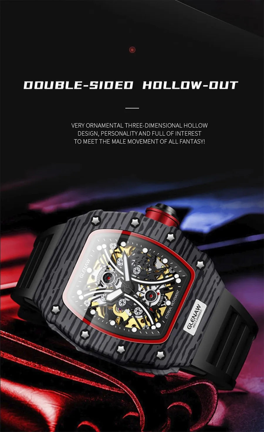 GLENAW Brand Automatic Mechanical Watch Men Casual Sport Rubber Strap Wristwatch Luminous Waterproof Mechanical Watches Relogio