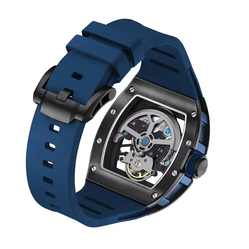 Design Automatic Skeleton Watch Mechanical Movement Waterproof Tonneau Wristwatch with Silicon Strap Sports Casual 2025