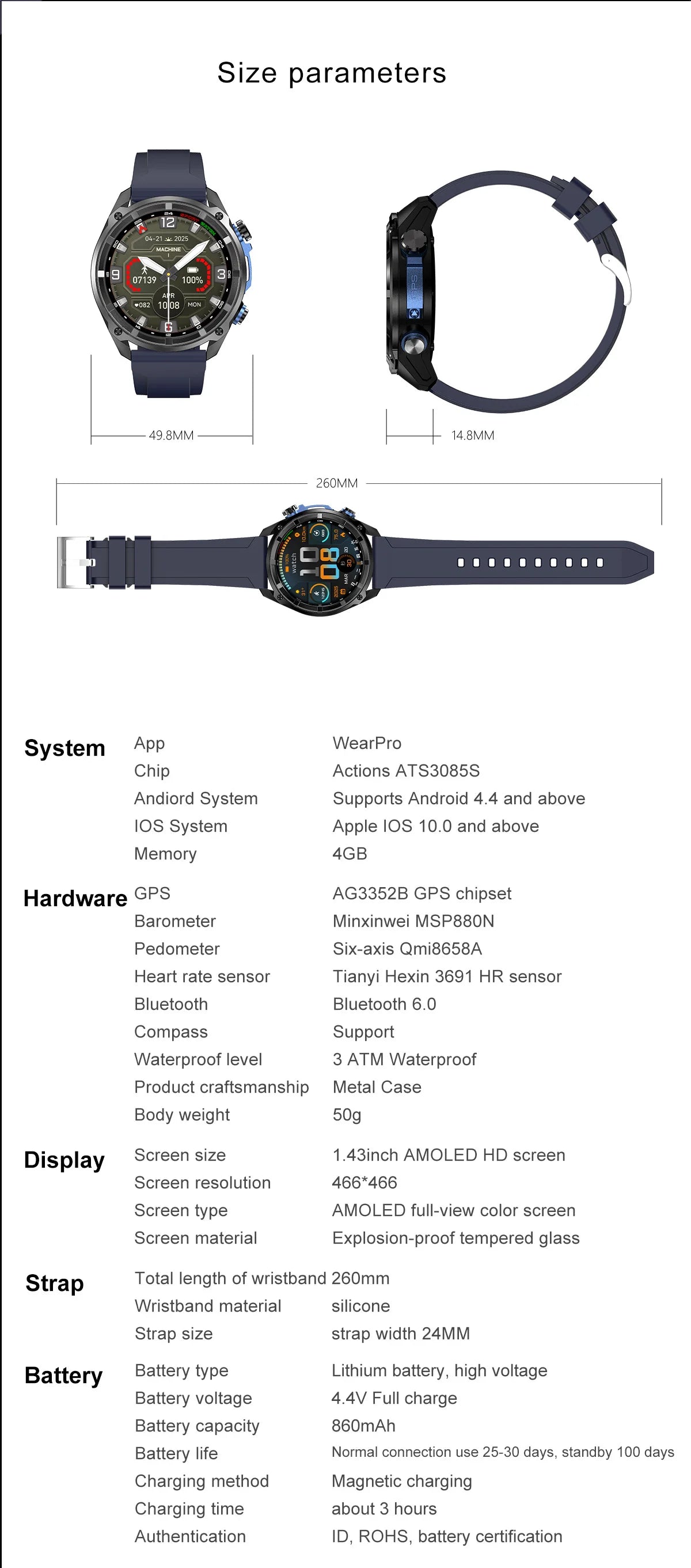 GPS Offline Map 1000mAh Battery Smart Watch Built in Swim 200+ Sports Clock 10ATM Waterproof 4GB Outdoors Military Watches