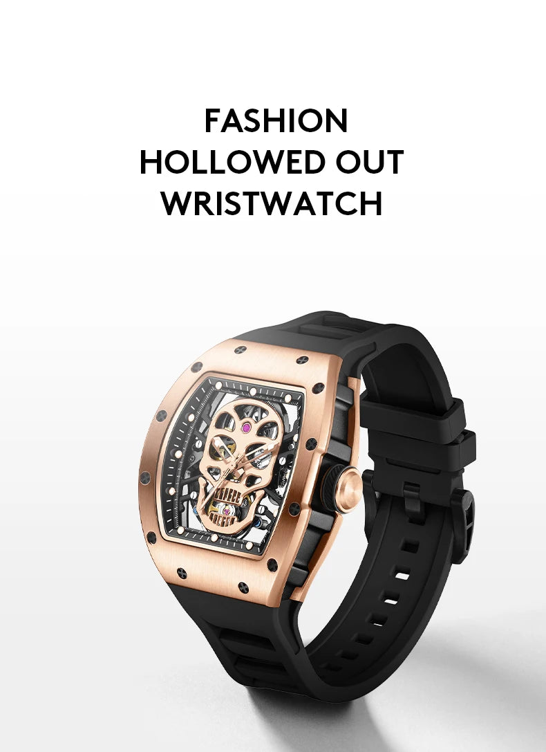Design Automatic Skeleton Watch Mechanical Movement Waterproof Tonneau Wristwatch with Silicon Strap Sports Casual 2025