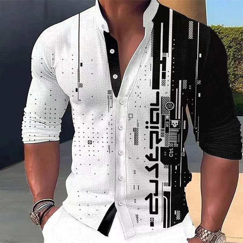 New Four Seasons Fashion Men's Shirt Printed Casual Business Long Sleeve Stand Collar Shirt Men's Extra Large Size xs-5xl.
