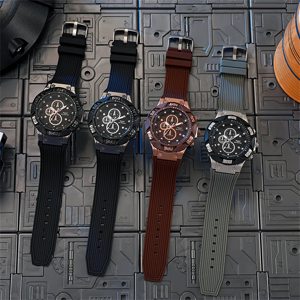 Relógio Esportivo Masculino Moderno 2025 com Design de Tripla Luneta, Quartzo, Pulseira de Silicone Marrom, Estilo Militar