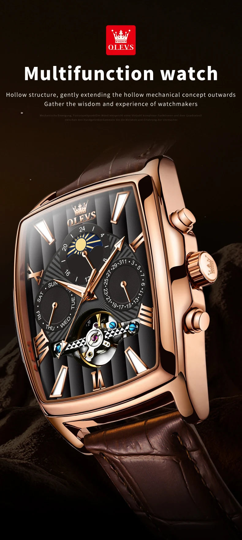Relógios masculinos OLEVS relógio mecânico automático Tourbillon, relógio esportivo, relógio de pulso casual de negócios retrô em couro, relógios masculinos