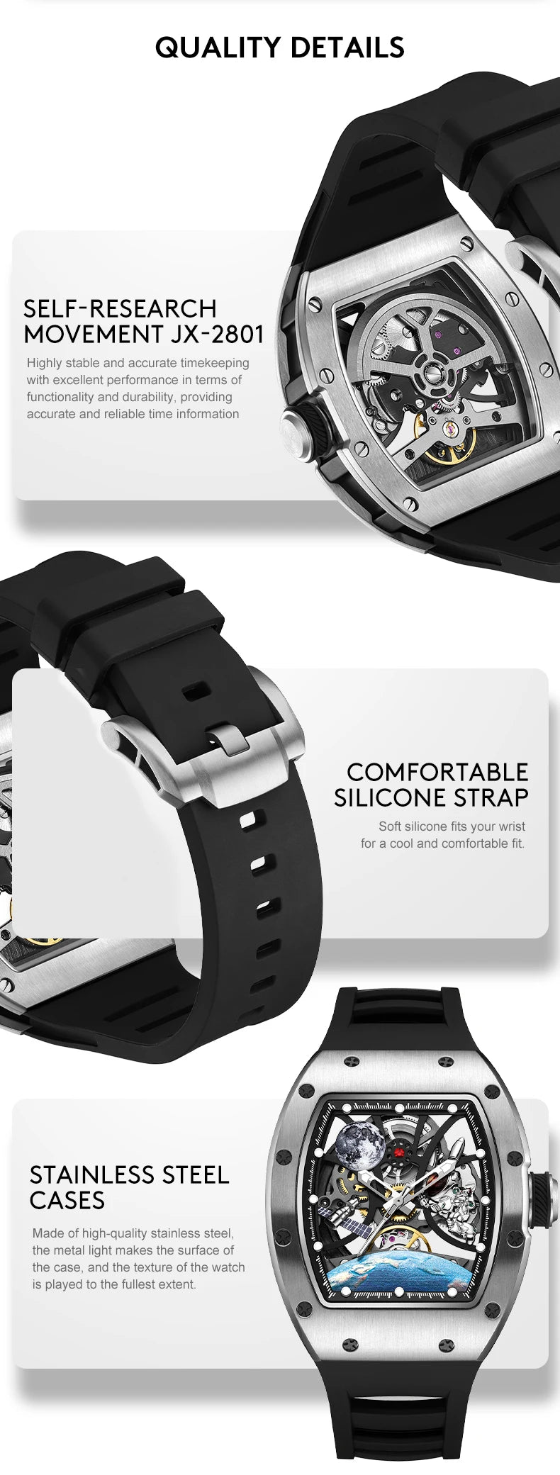 High Quality Men's Automatic Watch with Stylish Sports Silicone Strap 5 ATM Waterproof Mechanical Watches for Active Lifestyles