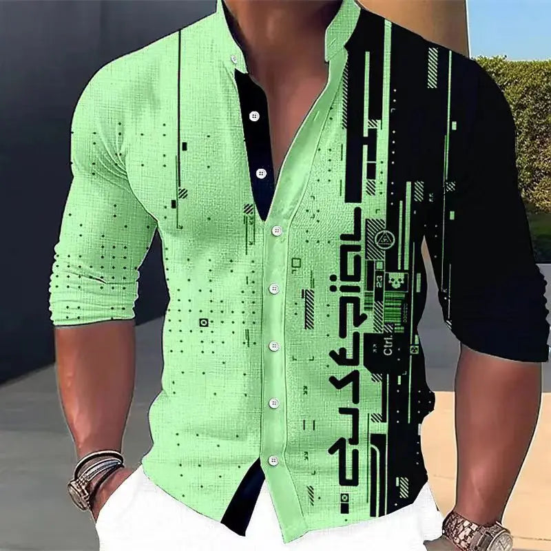 New Four Seasons Fashion Men's Shirt Printed Casual Business Long Sleeve Stand Collar Shirt Men's Extra Large Size xs-5xl.