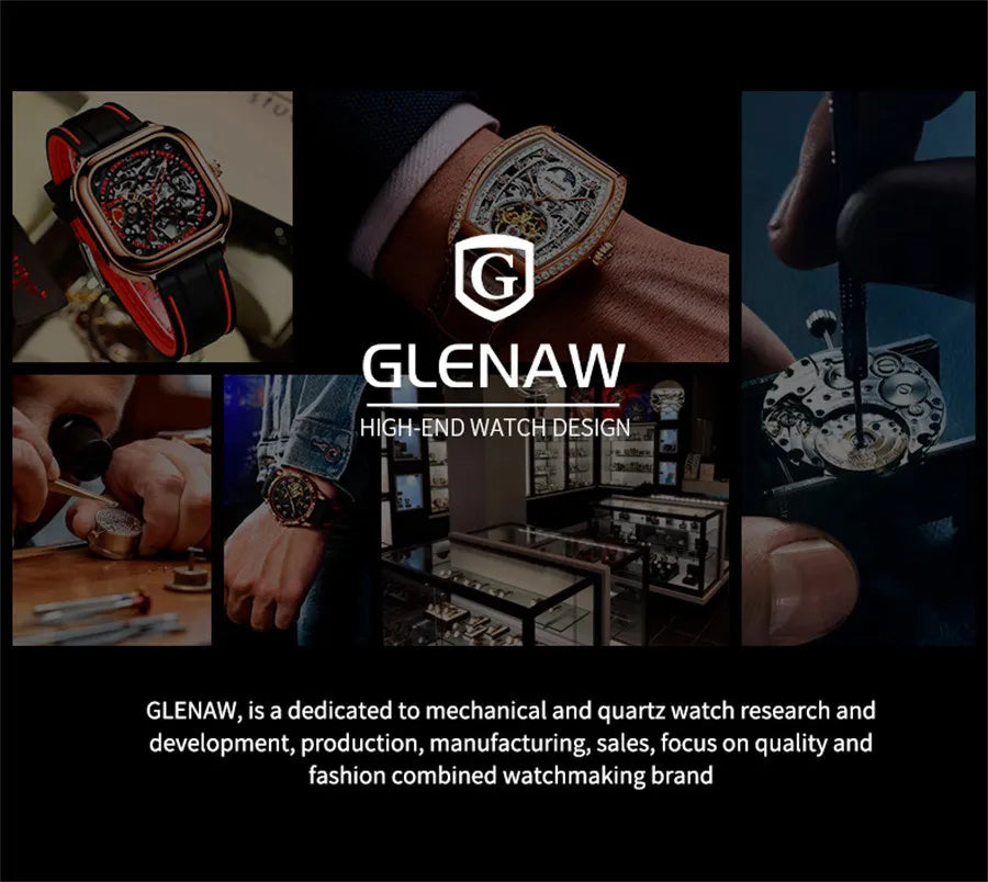 GLENAW Brand Automatic Mechanical Watch Men Casual Sport Rubber Strap Wristwatch Luminous Waterproof Mechanical Watches Relogio
