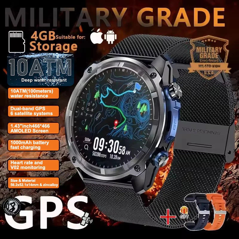 GPS Offline Map 1000mAh Battery Smart Watch Built in Swim 200+ Sports Clock 10ATM Waterproof 4GB Outdoors Military Watches