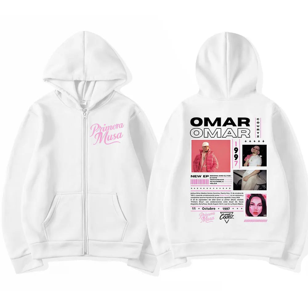 Men's zip-up hoodie in pure cotton, from Omar Courtz's Primera Musa tour, Fall/Winter 2025 collection. Sporty style.