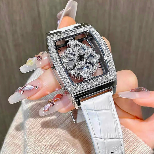 Fashionable Elegant Wine Barrel Shaped Ladies' Watch With Transparent Back & Rhinestone Detail Quartz