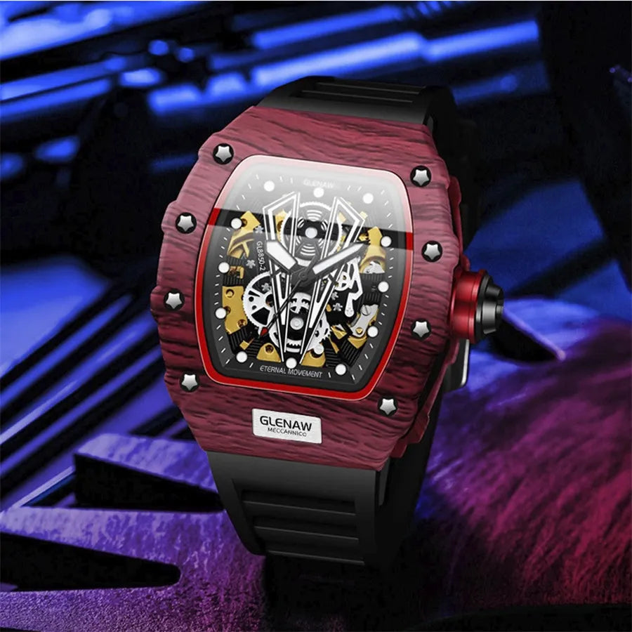 GLENAW Brand Automatic Mechanical Watch Men Casual Sport Rubber Strap Wristwatch Luminous Waterproof Mechanical Watches Relogio