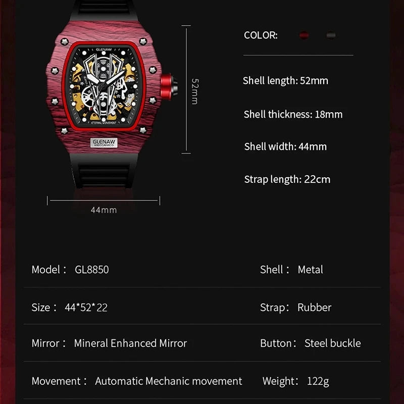 GLENAW Brand Automatic Mechanical Watch Men Casual Sport Rubber Strap Wristwatch Luminous Waterproof Mechanical Watches Relogio