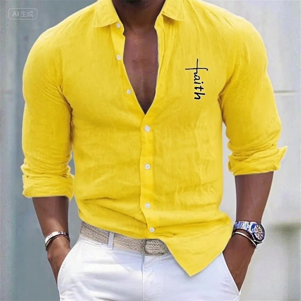 Men's Linen Shirt Casual Shirt Vacation Hawaiian Long Sleeve Lapel Spring and Autumn Clothing Apparel Button Shirt XS-6XL