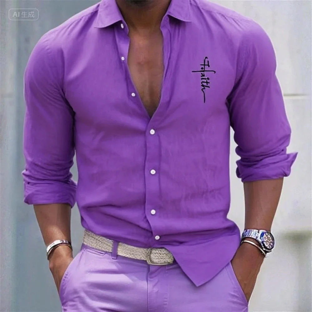 Men's Linen Shirt Casual Shirt Vacation Hawaiian Long Sleeve Lapel Spring and Autumn Clothing Apparel Button Shirt XS-6XL