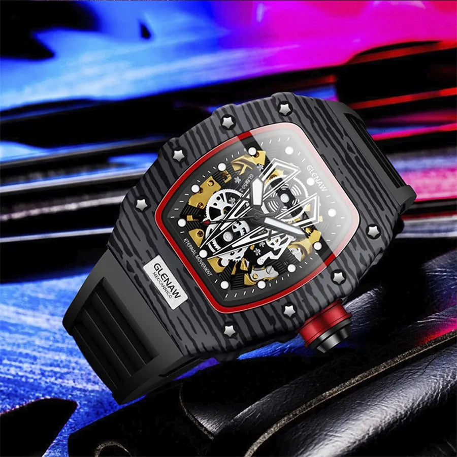 GLENAW Brand Automatic Mechanical Watch Men Casual Sport Rubber Strap Wristwatch Luminous Waterproof Mechanical Watches Relogio