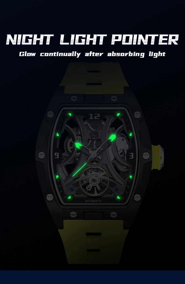MEGIR Sports Style Automatic Mechanical Watch for Men Full Hollow Transparent Dial Design Stainless Steel Case Silicone Strap