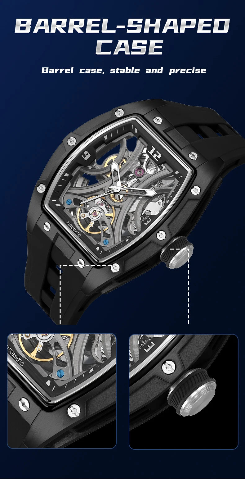 MEGIR Sports Style Automatic Mechanical Watch for Men Full Hollow Transparent Dial Design Stainless Steel Case Silicone Strap