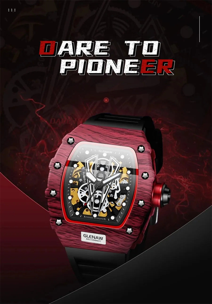 GLENAW Brand Automatic Mechanical Watch Men Casual Sport Rubber Strap Wristwatch Luminous Waterproof Mechanical Watches Relogio