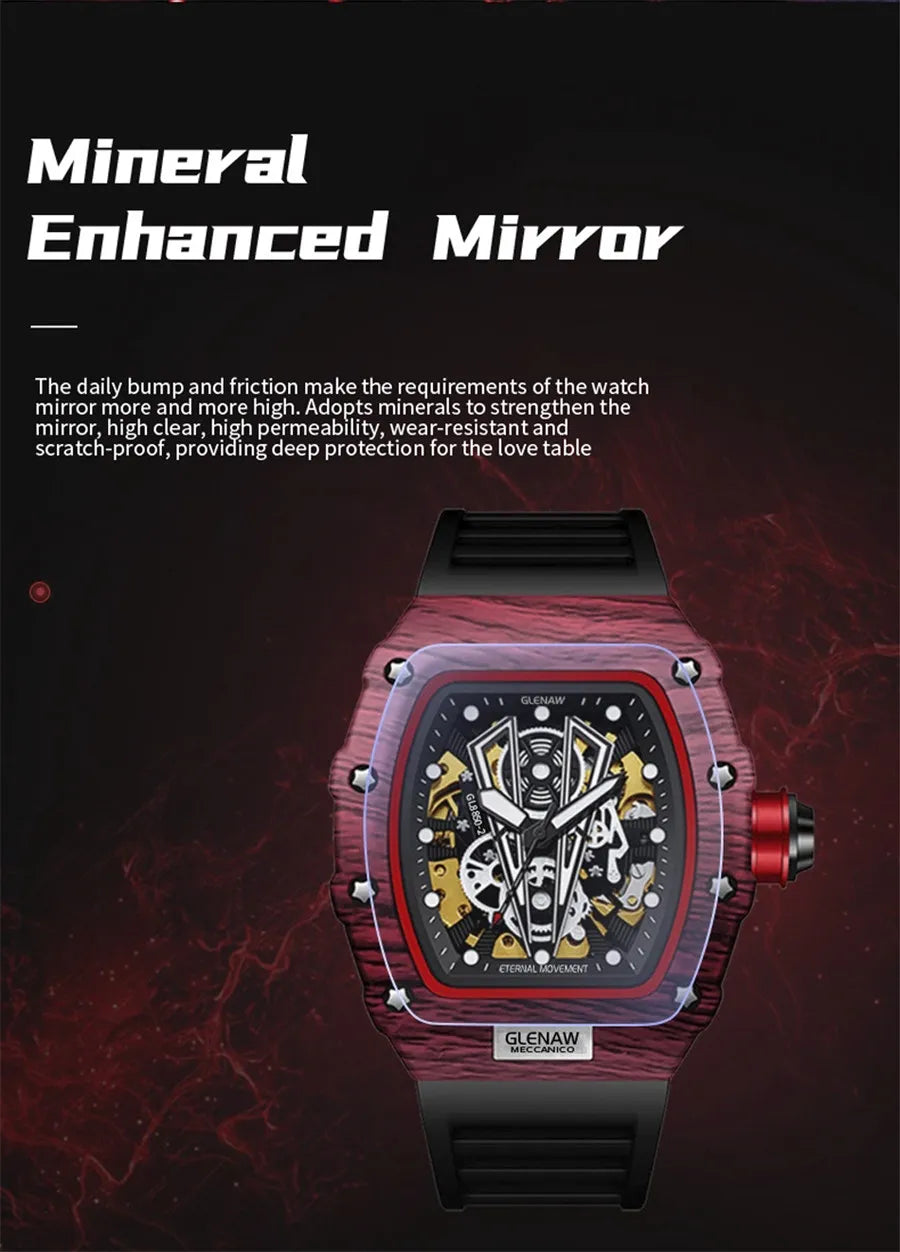 GLENAW Brand Automatic Mechanical Watch Men Casual Sport Rubber Strap Wristwatch Luminous Waterproof Mechanical Watches Relogio
