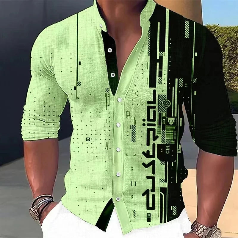 New Four Seasons Fashion Men's Shirt Printed Casual Business Long Sleeve Stand Collar Shirt Men's Extra Large Size xs-5xl.